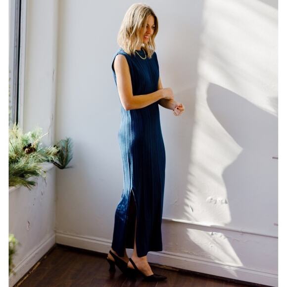 NEW Naadam Silk Cashmere Ribbed Knit Dress (Sz XS) Sleeveless Midi Maxi Blue - Picture 2 of 14